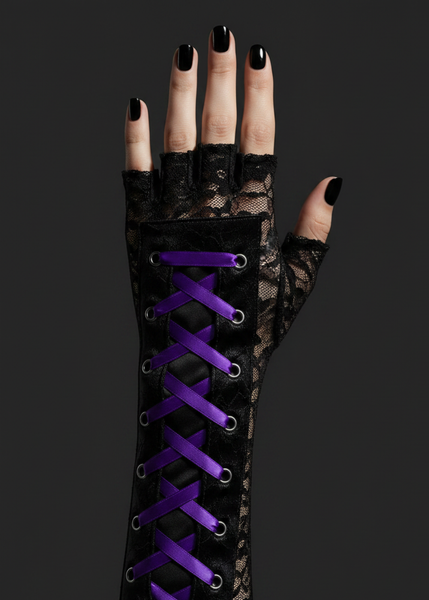 Elbow-length purple fingerless gloves with lace-up back - steampunk costume accessory
