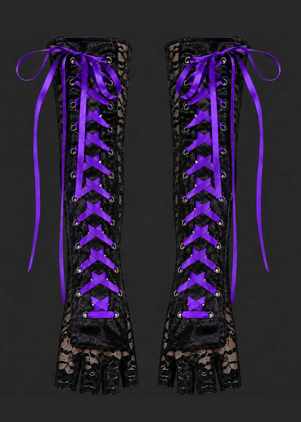 Purple steampunk arm warmers with lace-up elbow detail - women's fingerless gloves
