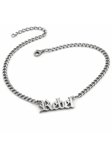 Silver rebel script necklace with old English lettering - statement pendant jewelry for women