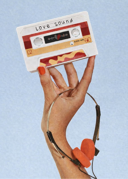 Recordable cassette tape greeting card with retro 80s design and vintage aesthetic