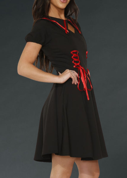 Spooky Cute Witchy Gothic Dress with Red Corset Lacing – Cosplay & Dark Academia