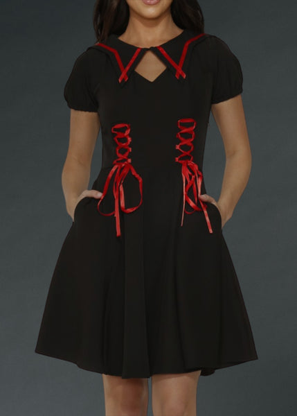 Witchy Gothic Dress with Red Corset Lacing - Dark Academia and Cosplay Style