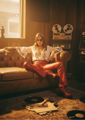 Red vegan leather bell bottoms styled editorial - high rise retro flare pants by Pretty Attitude