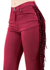 Close-up of high-rise denim bell bottoms with side fringe and frayed hem