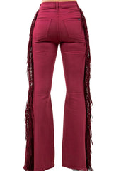 Back view of burgundy bell bottoms showing rear pockets and flare silhouette.