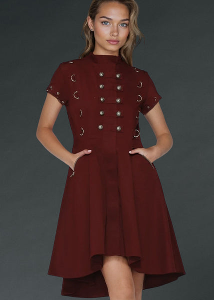 Burgundy gothic dress with corset lacing in back, elegant dark alternative fashion outfit for gothic, punk, and Victorian-inspired style.