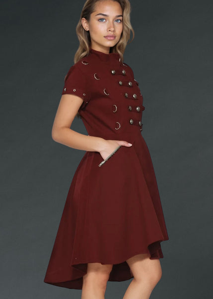 Women's burgundy goth dress with lace-up corset back, romantic gothic clothing perfect for alternative, steampunk, and cosplay looks.