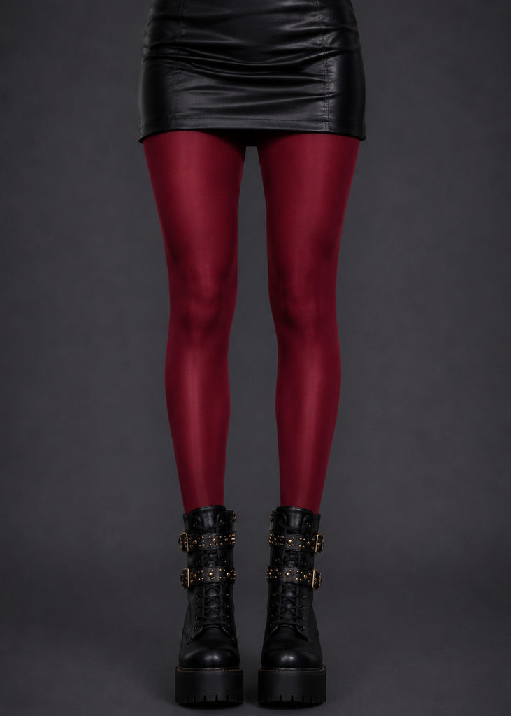 Burgundy high shine tights glossy silk-look hosiery for women by Pretty Attitude