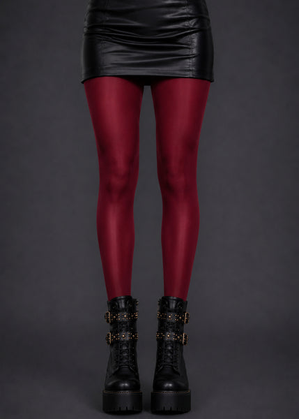 Burgundy high shine tights glossy silk-look hosiery for women by Pretty Attitude