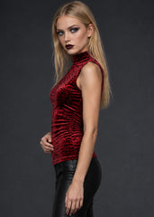 Red velvet burnout damask top with fitted sleeveless silhouette