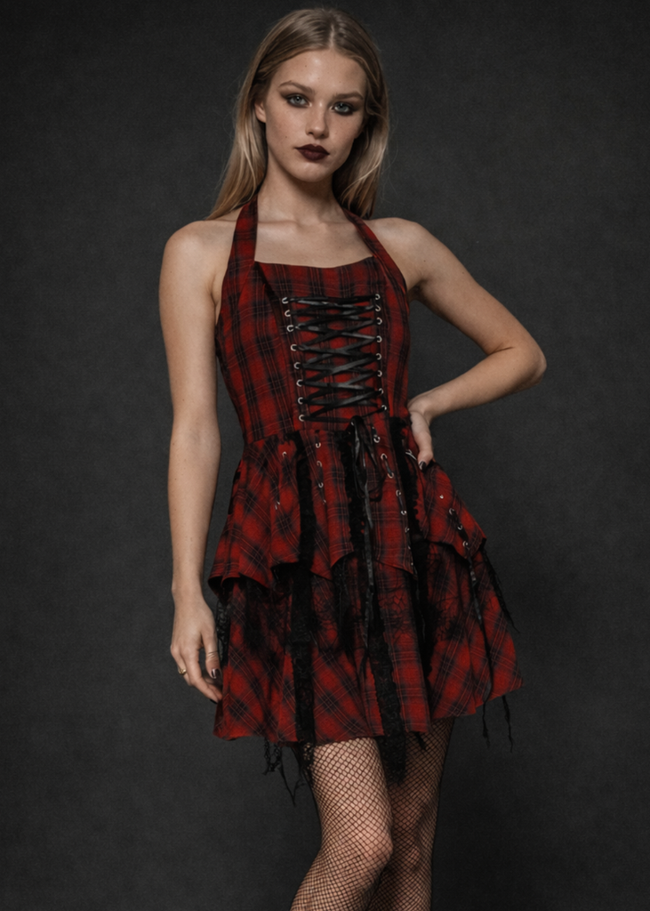 gothic grunge dress Goth Dark Aesthetic Grunge Gothic Print Dress Punk Patchwork Hollow Out  Sexy Fashion Crisscross Bandage Halter Dresses Backless main image 0