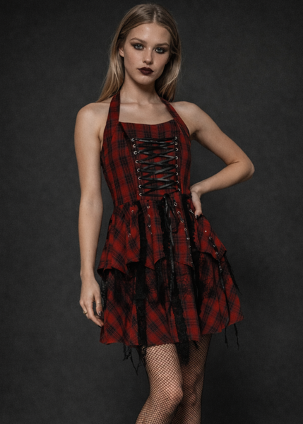 Women's red and black tartan punk dress with corset lace up detail, gothic mini dress with layered skirt and fishnet tights, alternative grunge clothing