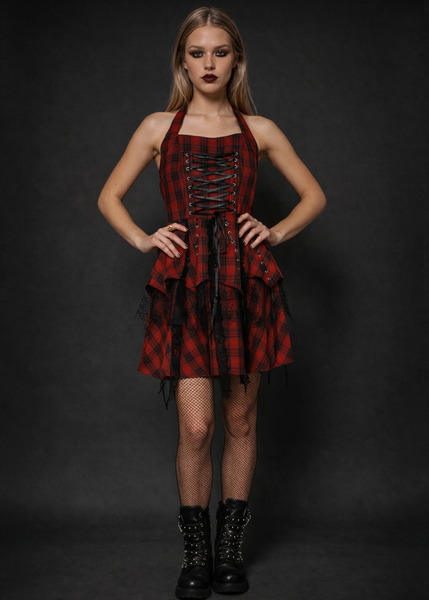 Red plaid gothic corset dress with lace up front, punk tartan halter mini dress styled with fishnet tights and combat boots, alternative goth fashion outfit
