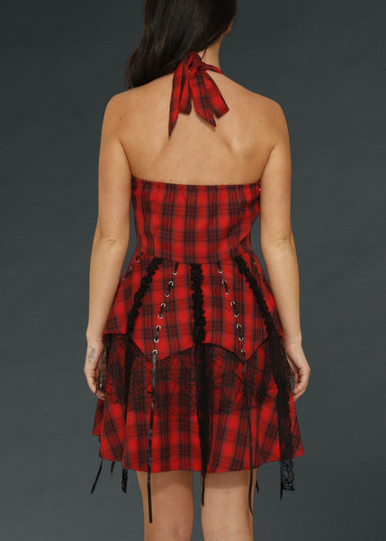Red plaid goth mini dress with black corset lacing, punk alternative grunge dress for women