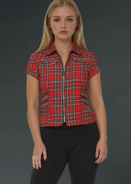 Red short sleeve tartan plaid punk shirt with studs, alternative gothic clothing top for concerts, festivals and edgy streetwear style