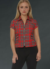 Red short sleeve tartan plaid punk shirt with studs, alternative gothic clothing top for concerts, festivals and edgy streetwear style