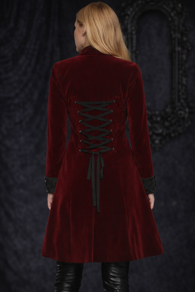 Red velvet Victorian coat with steampunk and pirate details, gothic women’s outerwear for festivals, cosplay, and dark romance outfits.