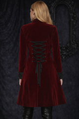 Red velvet Victorian coat with steampunk and pirate details, gothic women’s outerwear for festivals, cosplay, and dark romance outfits.