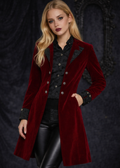 Burgundy velvet gothic coat for women, Victorian steampunk velvet jacket with pirate style for alternative fashion and cosplay.