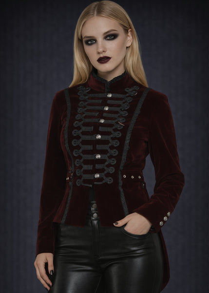 Velvet red gothic tailcoat jacket with corset back lacing, Victorian steampunk coat for cosplay, gothic festivals and stage wear.