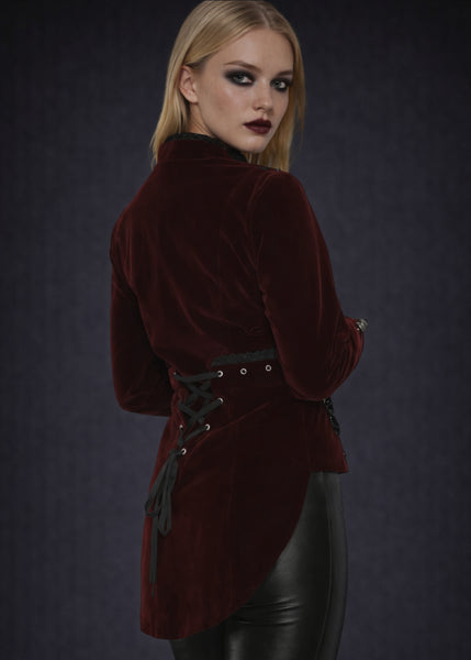 Red velvet steampunk tail jacket with back lacing, Victorian gothic tailcoat for cosplay, burlesque and alternative fashion.