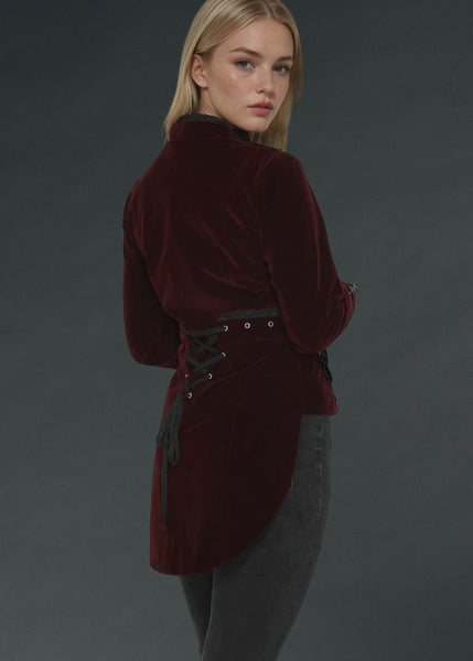 Red velvet steampunk tail jacket with back lacing, gothic Victorian tailcoat jacket for cosplay, burlesque and alternative fashion