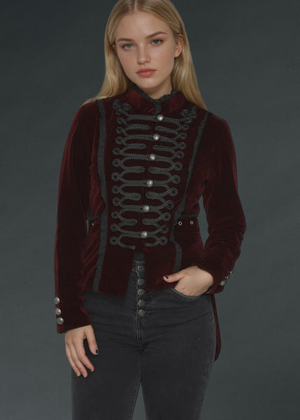 Victorian red velvet coat with corset lacing in the back, steampunk gothic tail jacket for festivals, cosplay and burlesque outfits