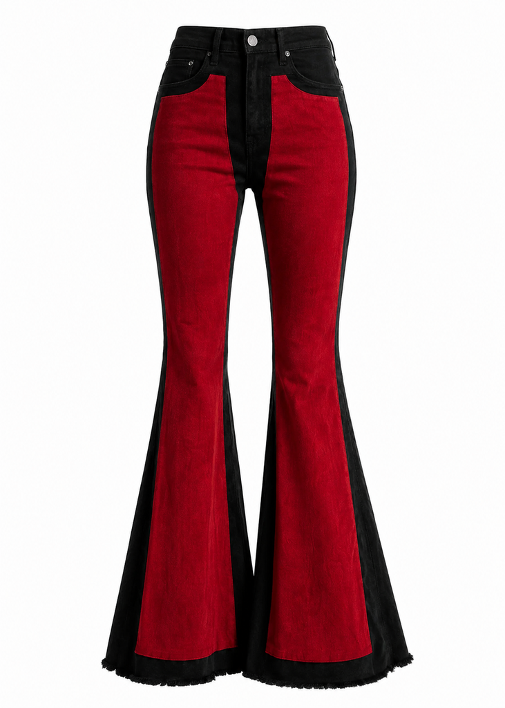 Red bell bottom jeans with red suede front panels, flared leg, made in USA – Pretty Attitude