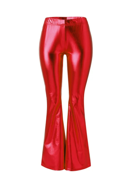 Shiny red bell-bottom pants metallic disco festival concert outfit Vday womens