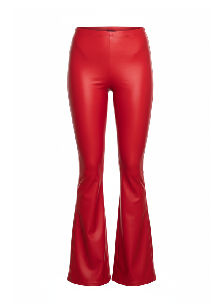 Red faux leather bell bottom flare pants with high waist and dramatic flare silhouette - Pretty Attitude