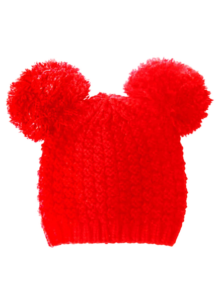 Red knitted hat with two large pom-poms boho YTK Winter 