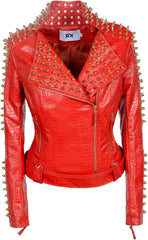 Red leather jacket with gold studs and spikes on a white background