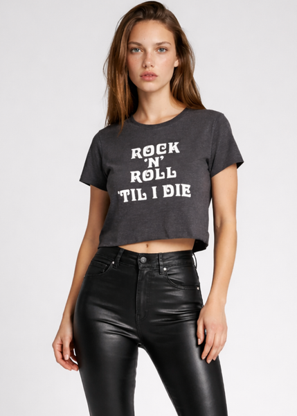 Women's rock'n'roll cropped tee in dark heather grey with bold white rebel graphic – vintage festival shirt by Pretty Attitude
