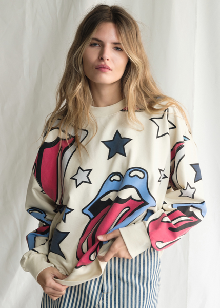 Rolling Stones Loud Mouth Oversized Crewneck Sweatshirt – all-over graphic print, front view