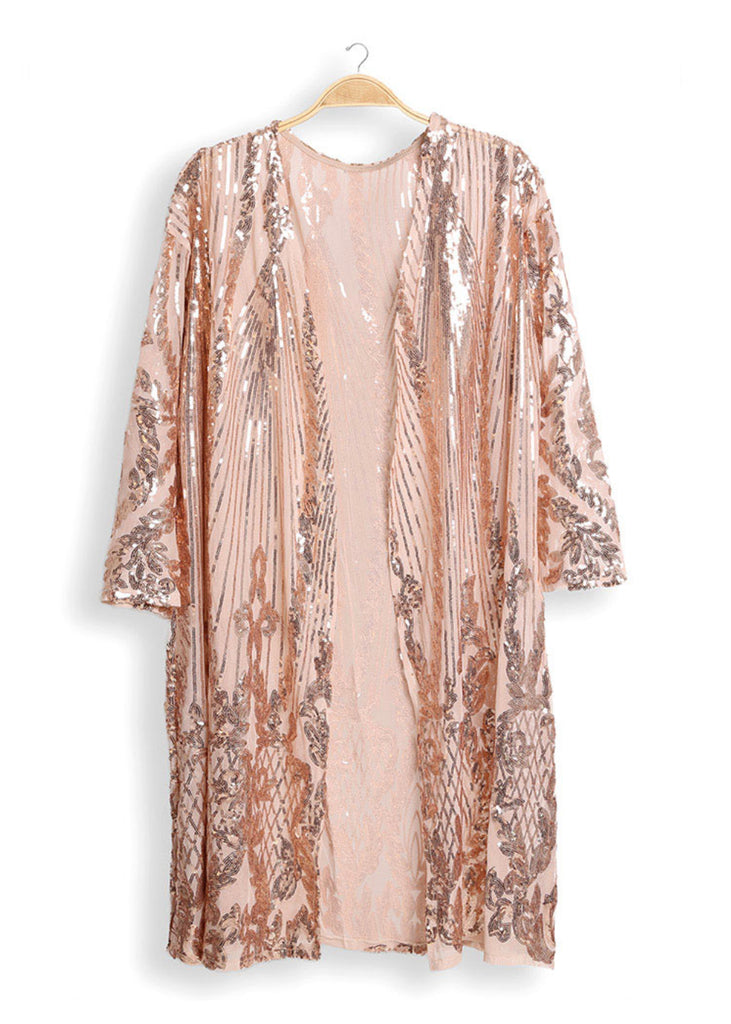 Rose gold sequin kimono – shimmering, lightweight cover-up for glamorous layering, perfect for parties, evening wear, and festival fashion.