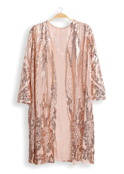 Rose gold sequin kimono – shimmering, lightweight cover-up for glamorous layering, perfect for parties, evening wear, and festival fashion.