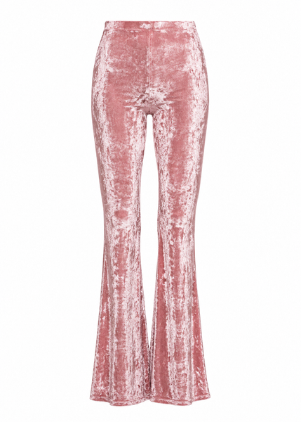 Light pink crushed velvet bell bottom pants for women – front view