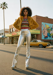 Silver metallic flare pants with wide bell bottom hem – stretch fit, night out style