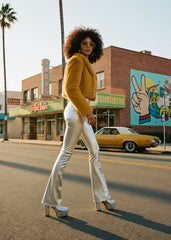 Women's silver faux leather flare pants – 70s bell bottom silhouette, festival outfit