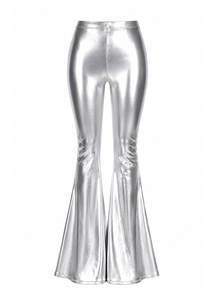 Silver metallic bell bottom flare pants – front view, women's disco glam style