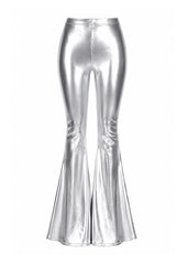 Silver metallic bell bottom flare pants – front view, women's disco glam style