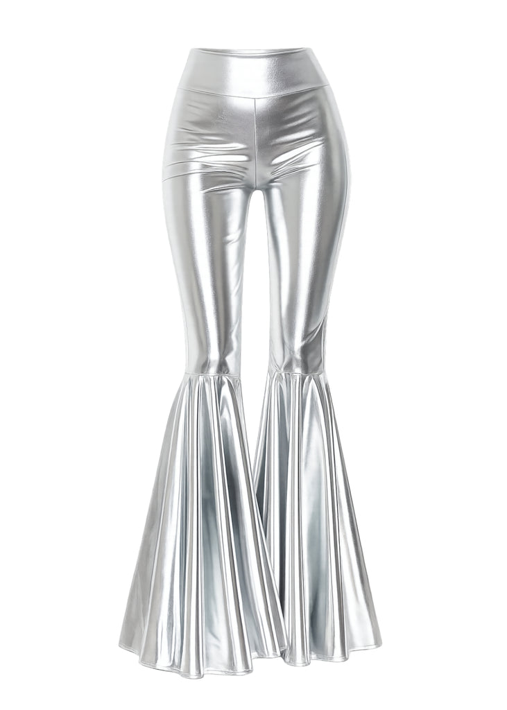 Silver metallic bell bottom pants with ruffle flare hem — front view, faux leather disco flares
