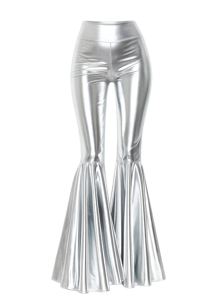 Silver metallic bell bottom pants with ruffle flare hem — front view, faux leather disco flares
