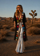 Silver metallic flare pants — pull-on elasticized waist, stretch faux leather bell bottoms

