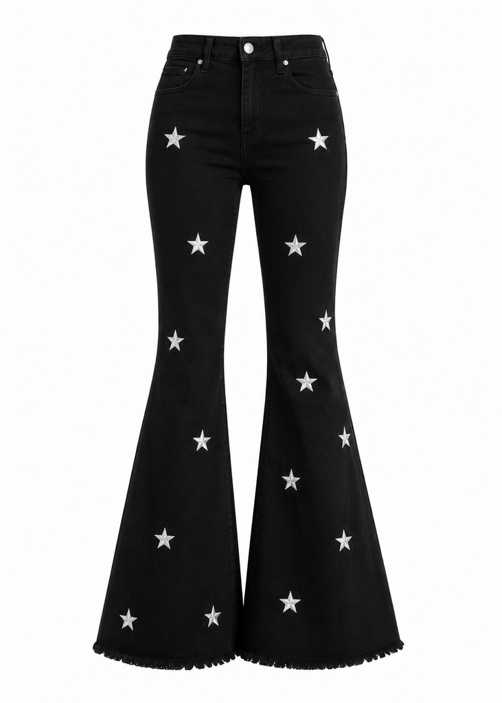 Starry Night black bell bottom jeans with silver stars – front view – Made in USA