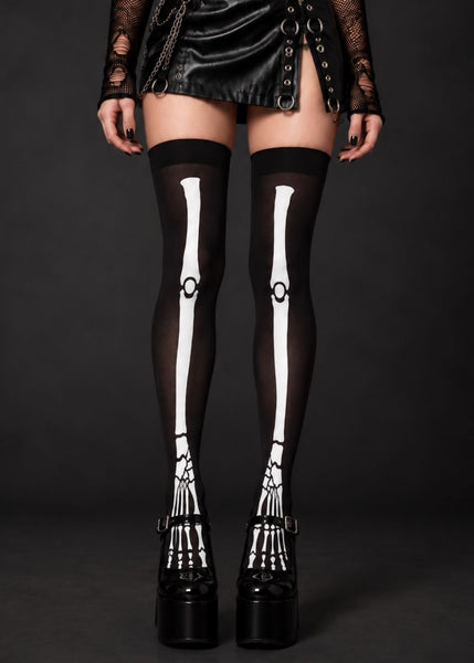 Gothic Skeleton Over-the-Knee Stockings Styled with Black Leather Mini Skirt