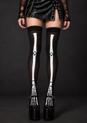 Gothic Skeleton Over-the-Knee Stockings Styled with Black Leather Mini Skirt