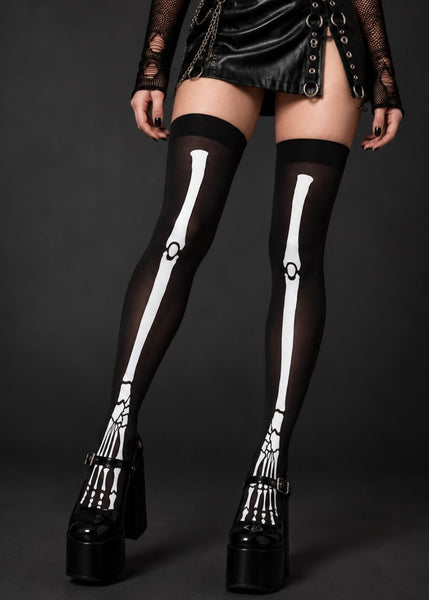 Black Skeleton Thigh High Stockings with White Bone Print and Platform Mary Janes