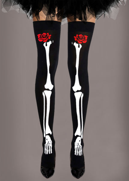 skeleton thigh high socks skull roses goth Halloween Vampire Dracula 