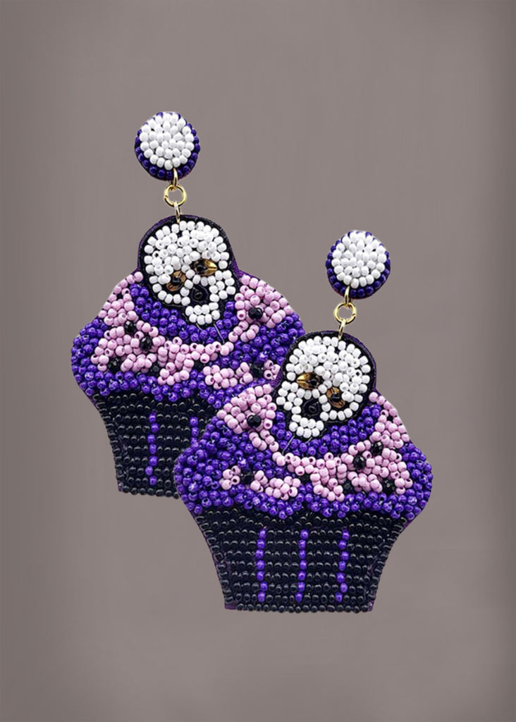 cupcake skull earrings beaded Halloween purple costume 